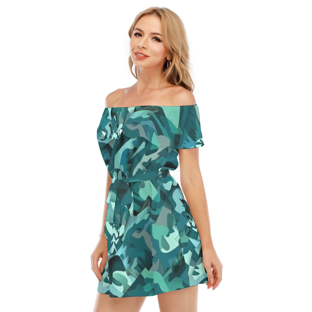 All-Over Print Women's Off-shoulder Dress With Ruffle