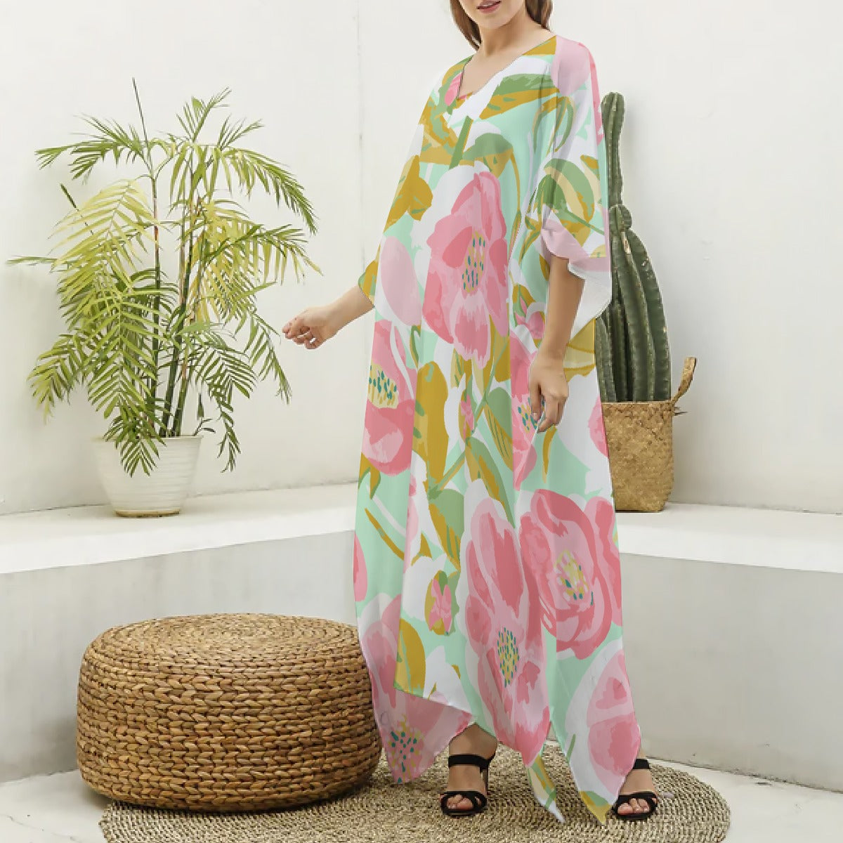 All-Over Print Women's Imitation Silk V-neck Kaftan Robe