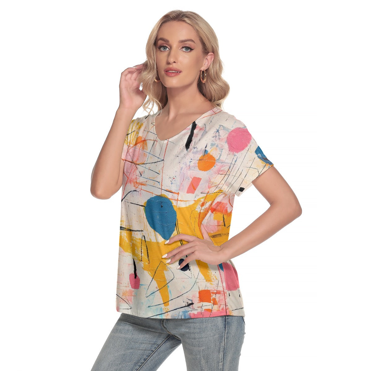 All-Over Print Women's Loose V-neck Short Sleeve T-shirt