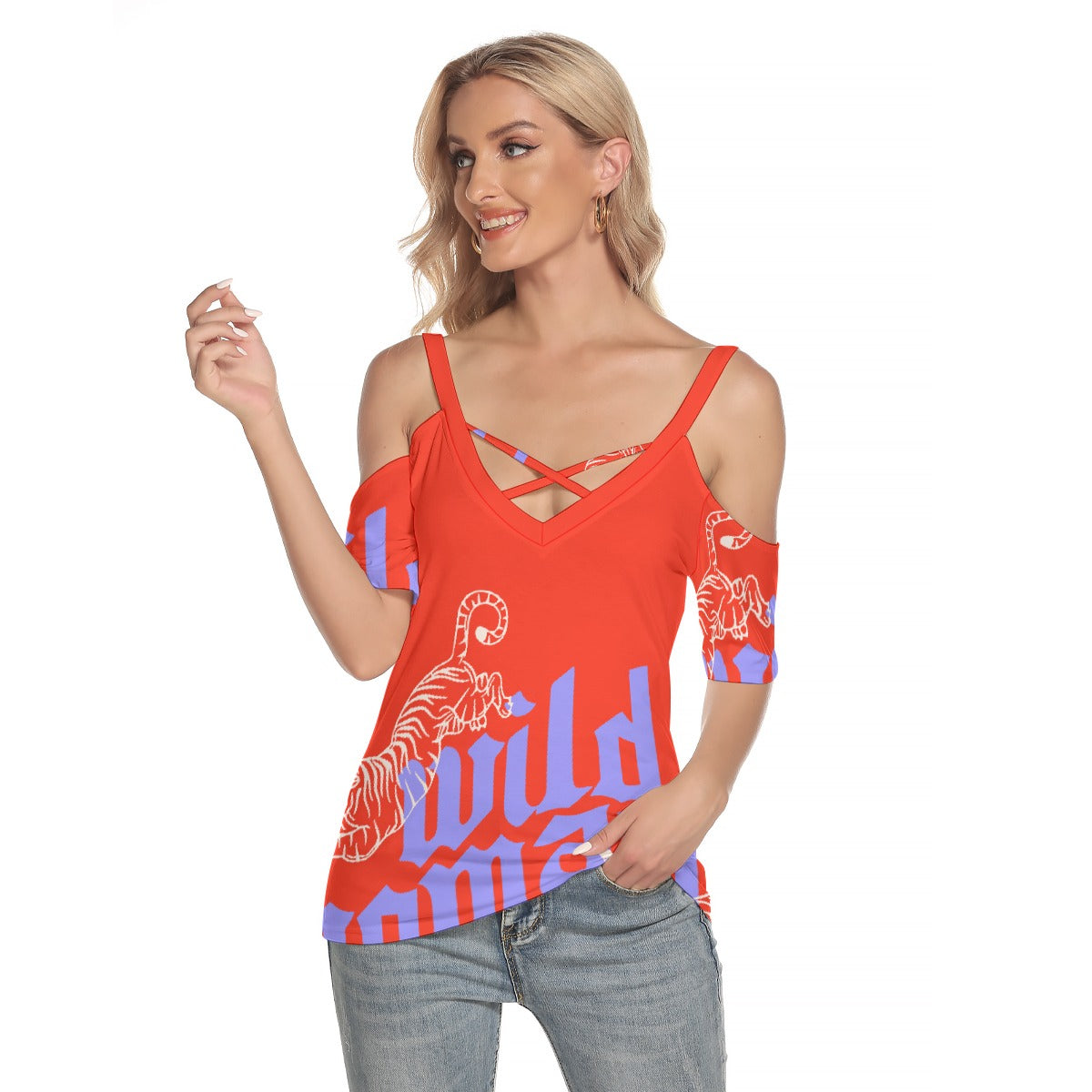 All-Over Print Women's Cold Shoulder T-shirt With Criss Cross Strips