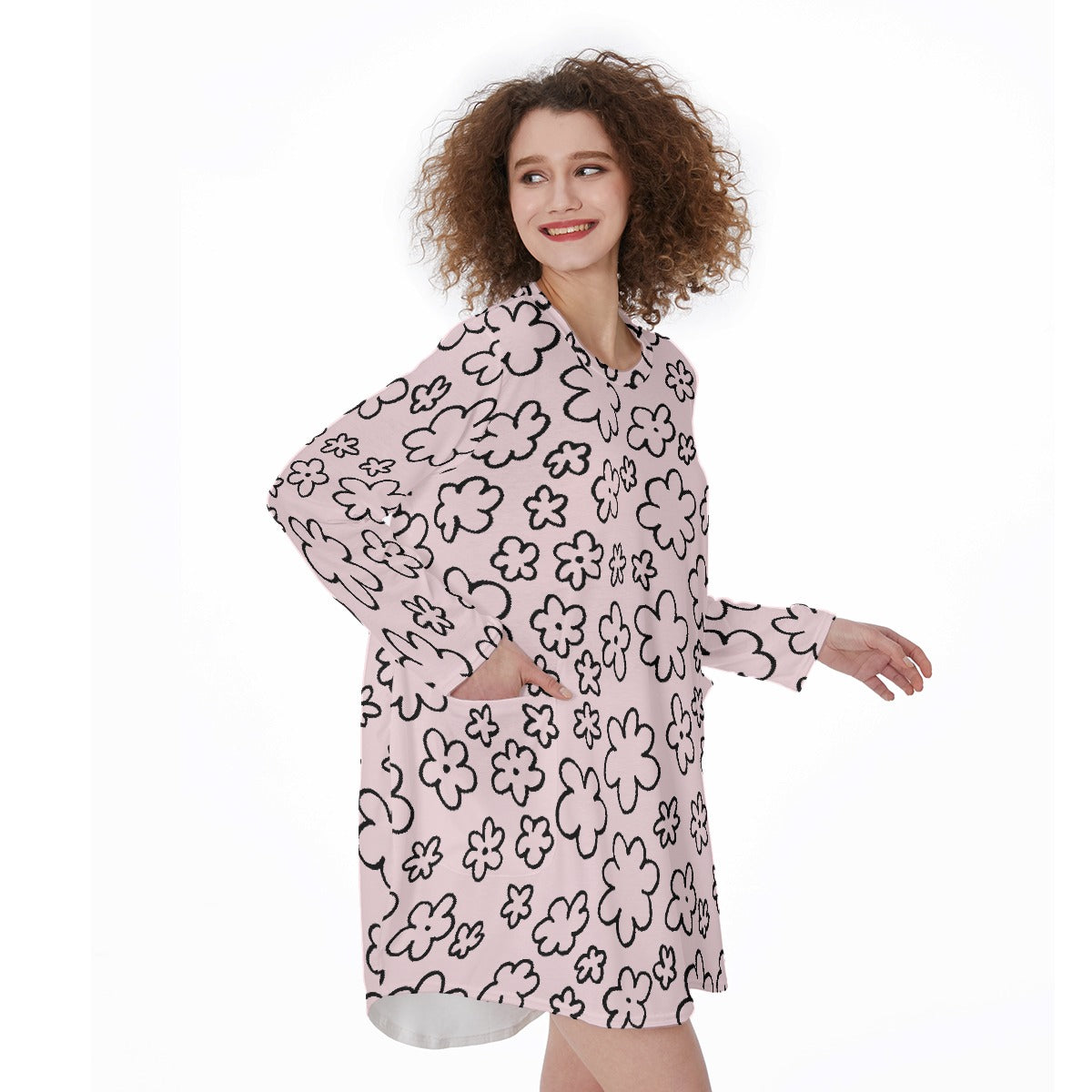 All-Over Print Women's Casual Loose Long Sleeve Dress With Pocket