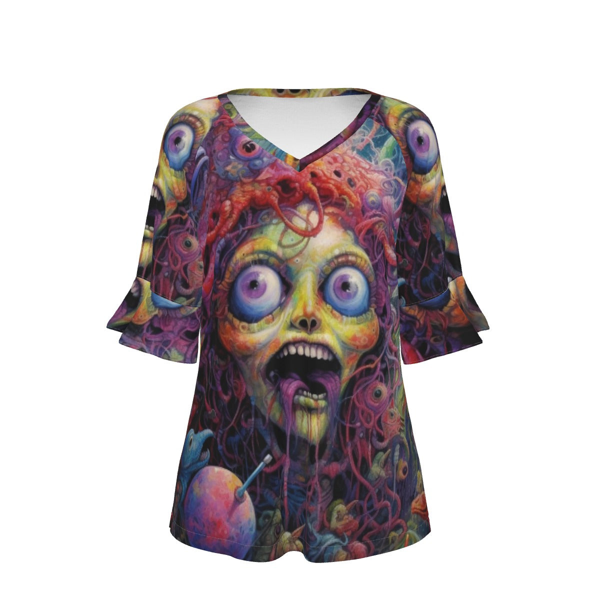 All-Over Print V-neck Women's T-shirt With Bell Sleeve