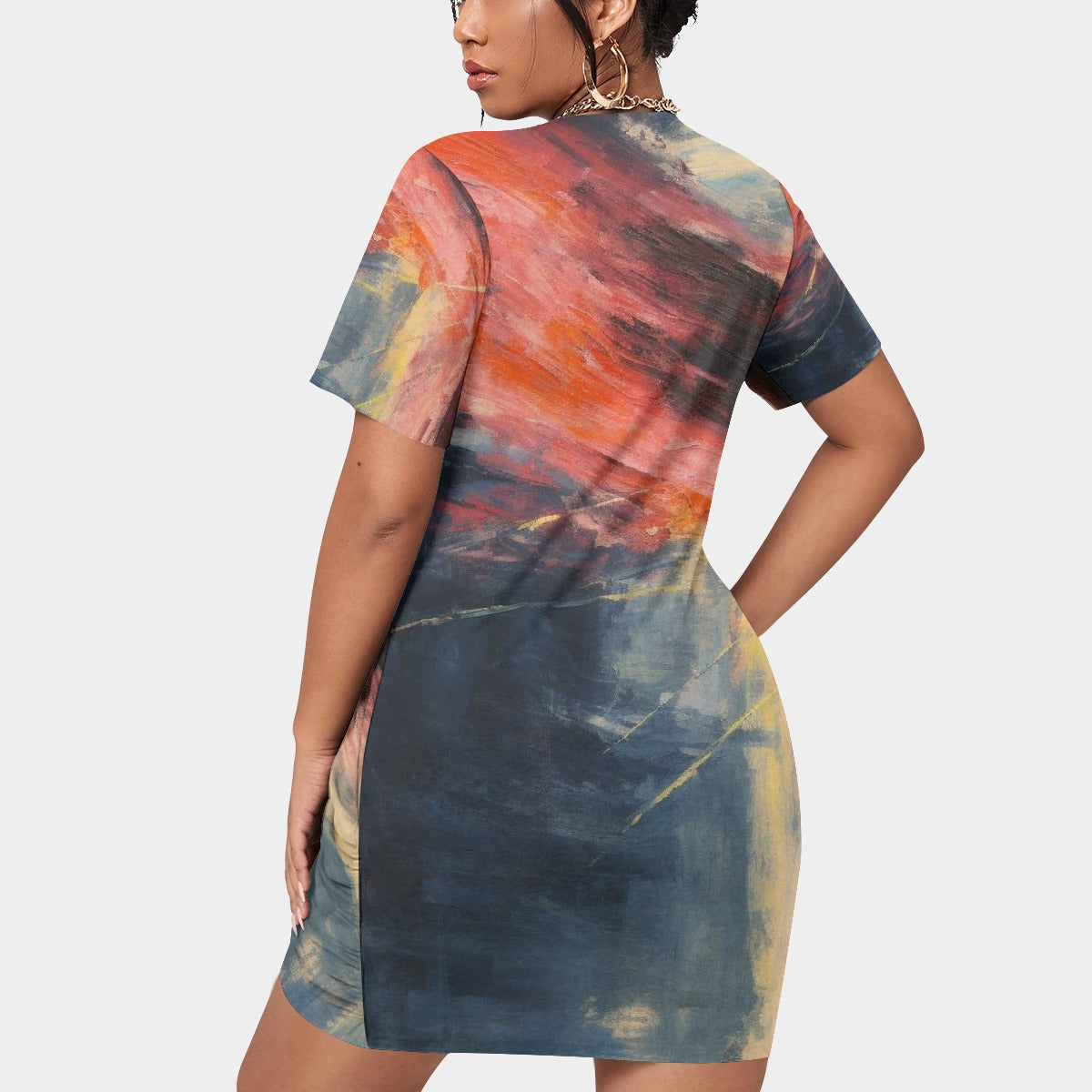 All-Over Print Women’s Stacked Hem Dress With Short Sleeve（Plus Size）