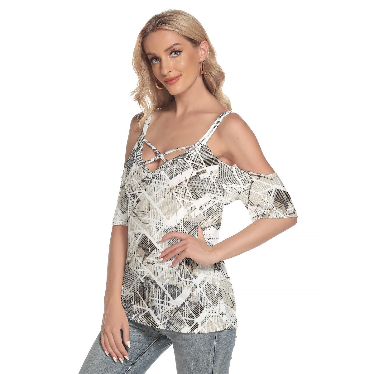 All-Over Print Women's Cold Shoulder T-shirt With Criss Cross Strips