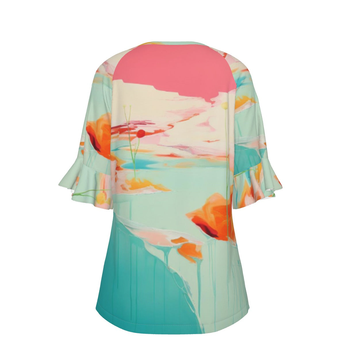 All-Over Print V-neck Women's T-shirt With Bell Sleeve