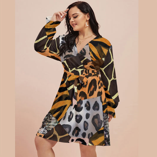 All-Over Print Women's V-neck Dress With Waistband(Plus Size)