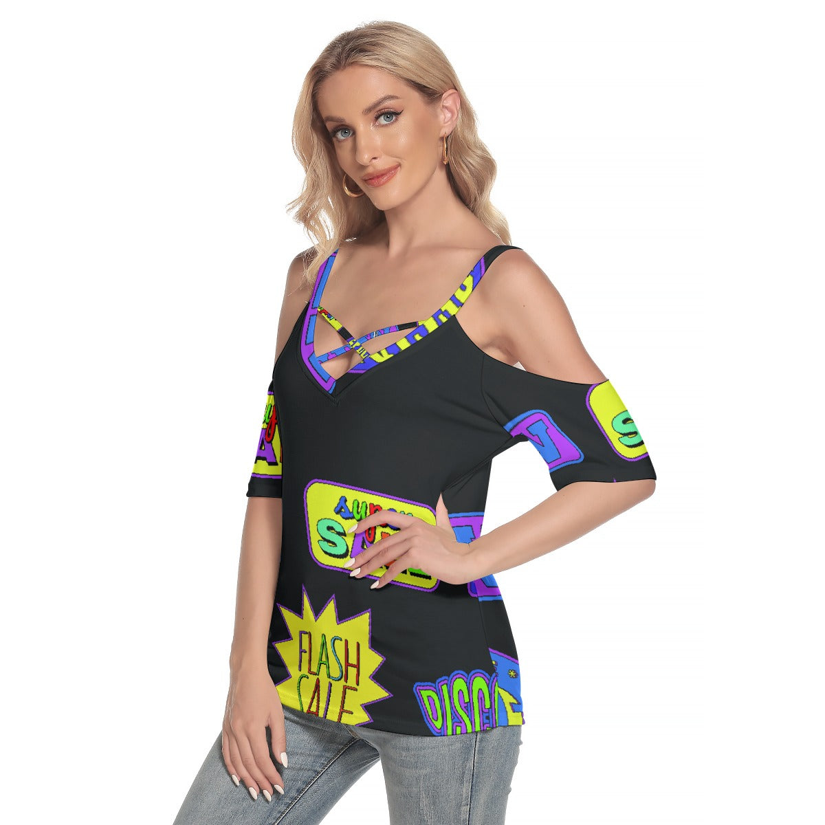 All-Over Print Women's Cold Shoulder T-shirt With Criss Cross Strips