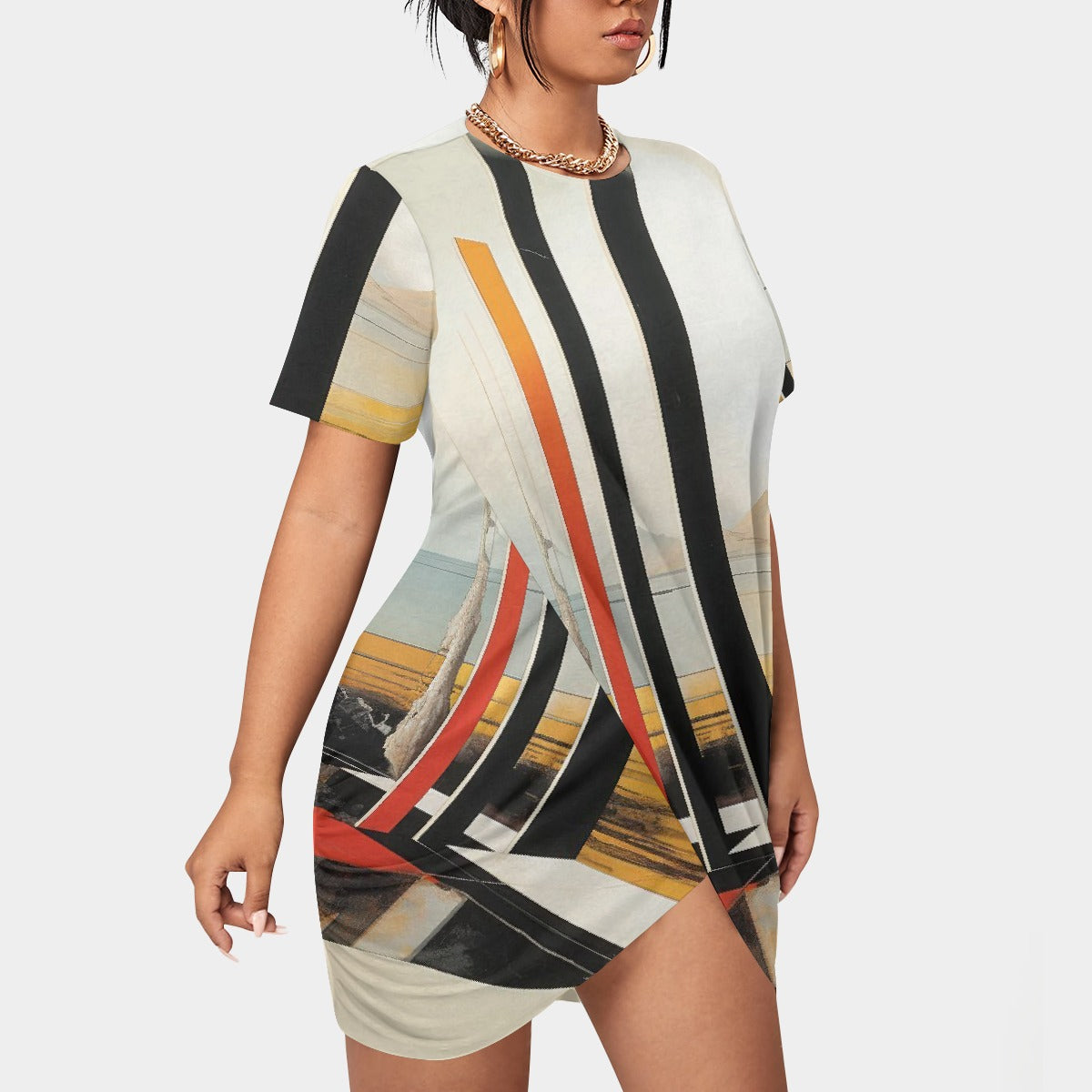 All-Over Print Women’s Stacked Hem Dress With Short Sleeve（Plus Size）