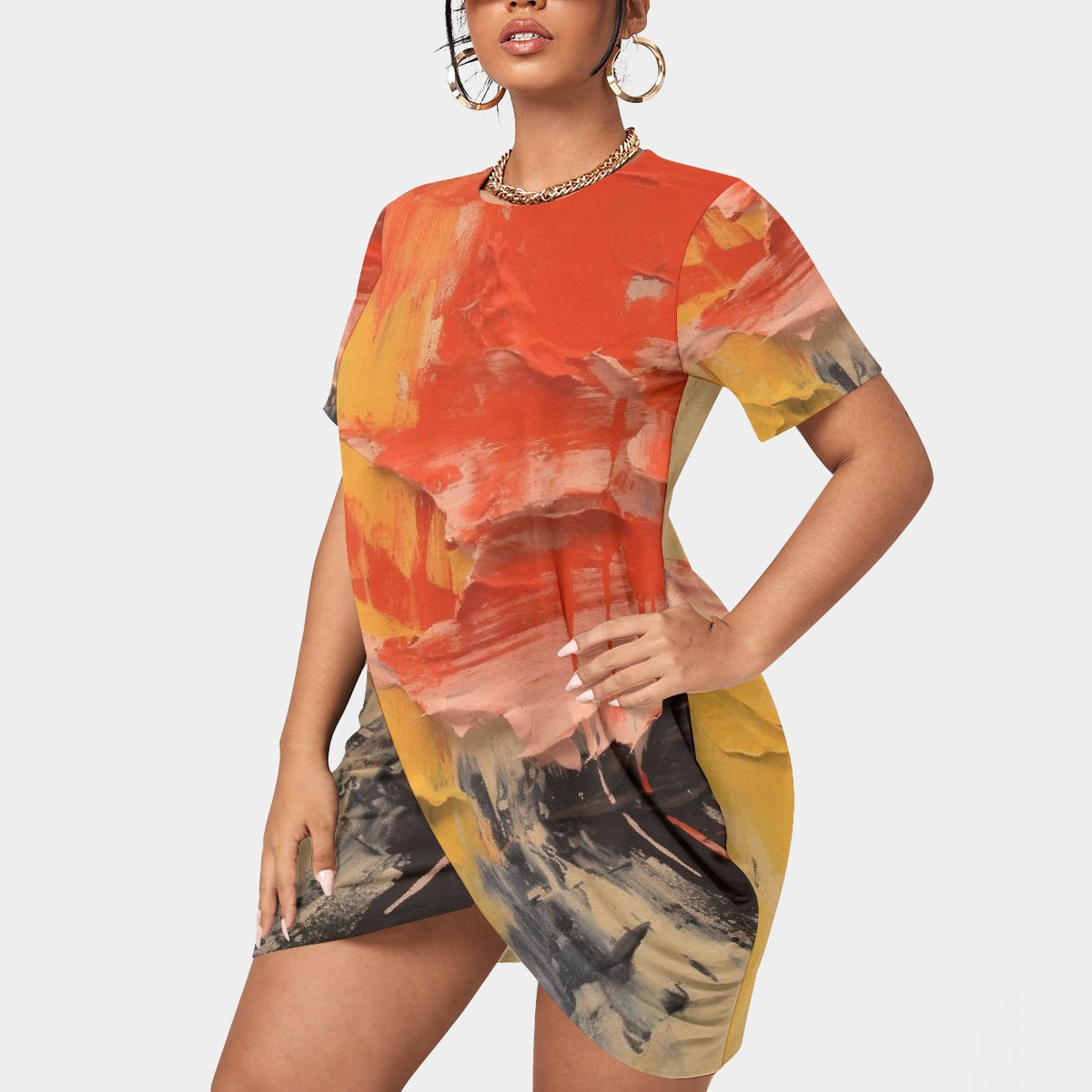 All-Over Print Women’s Stacked Hem Dress With Short Sleeve（Plus Size）