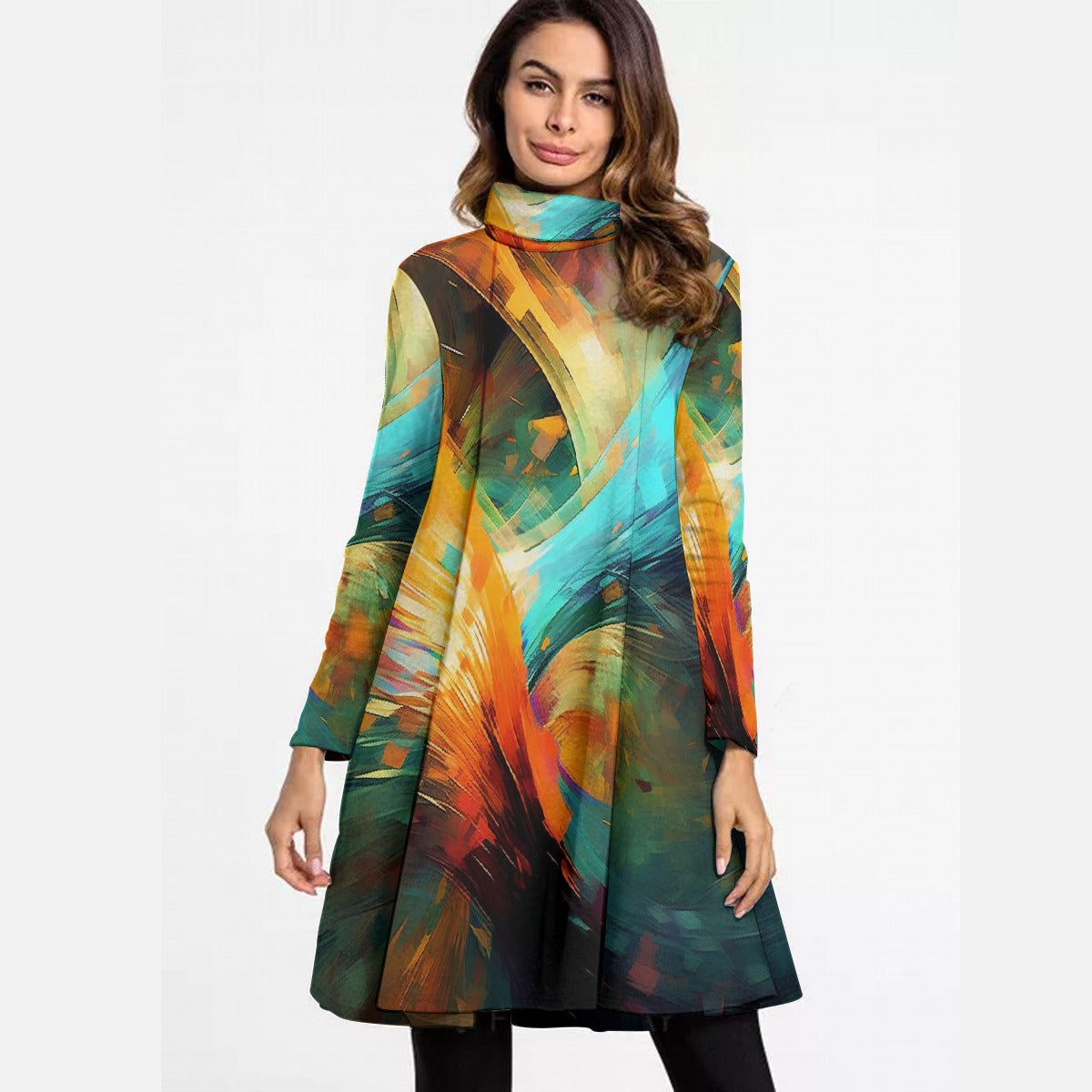 All-Over Print Women's High Neck Dress With Long Sleeve