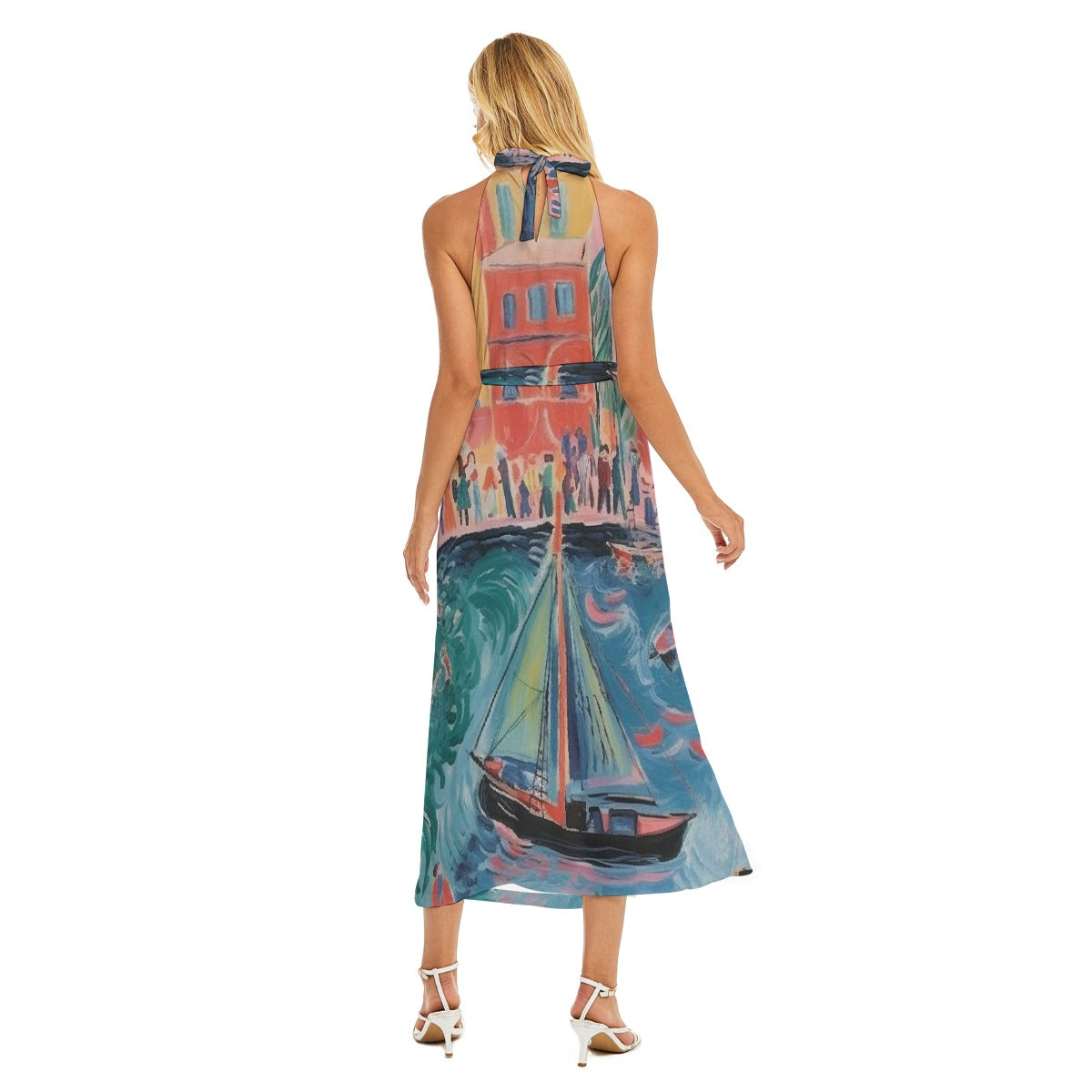 All-Over Print Women's Wrap Hem Belted Halter Dress