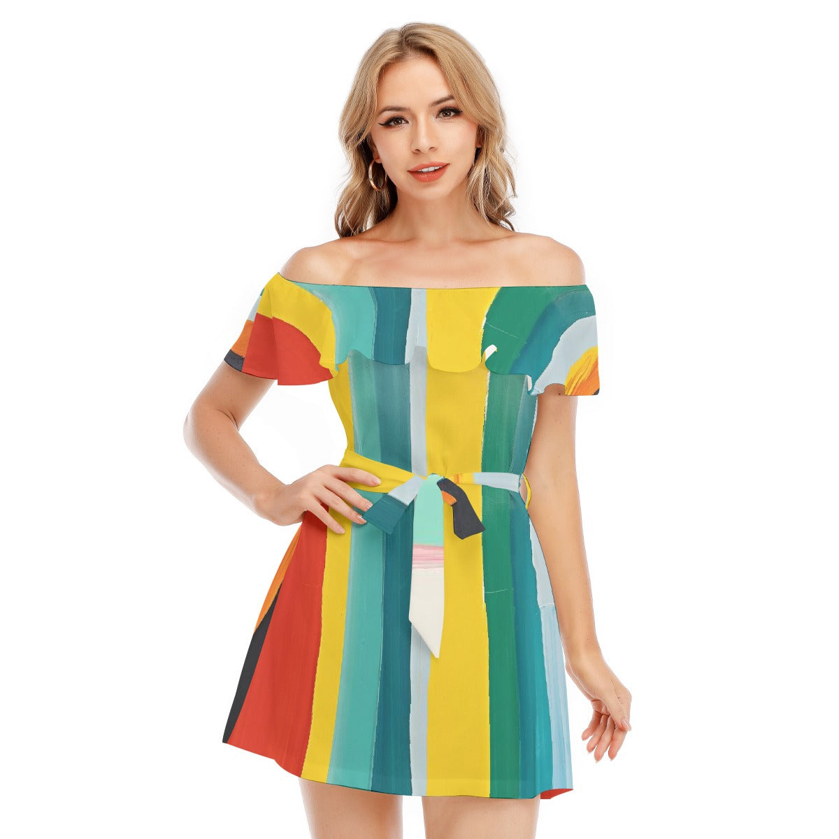 All-Over Print Women's Off-shoulder Dress With Ruffle