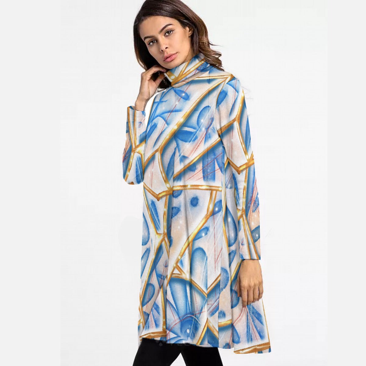 All-Over Print Women's High Neck Dress With Long Sleeve