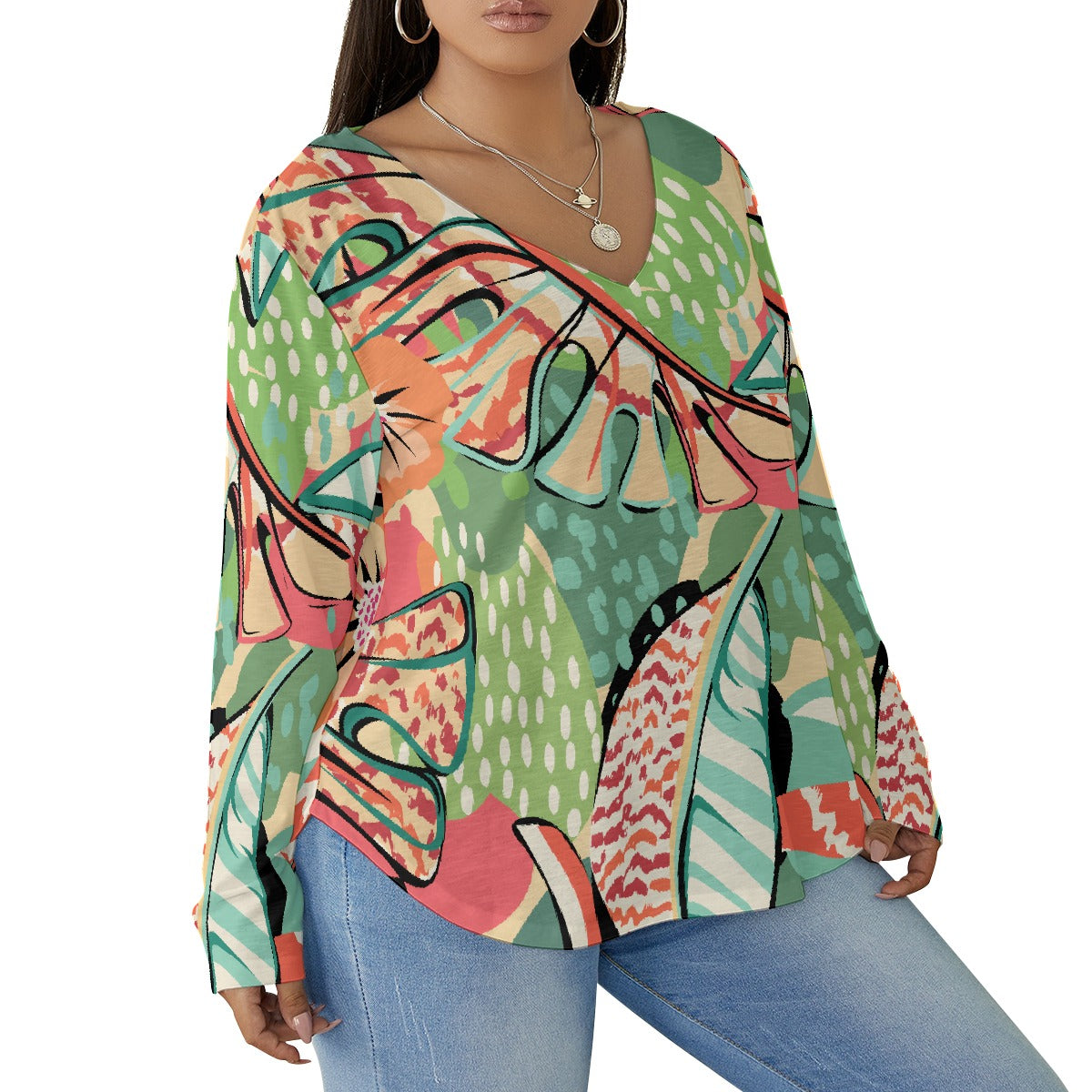 All-Over Print Women's V-neck T-shirt With Curved Hem(Plus Size)