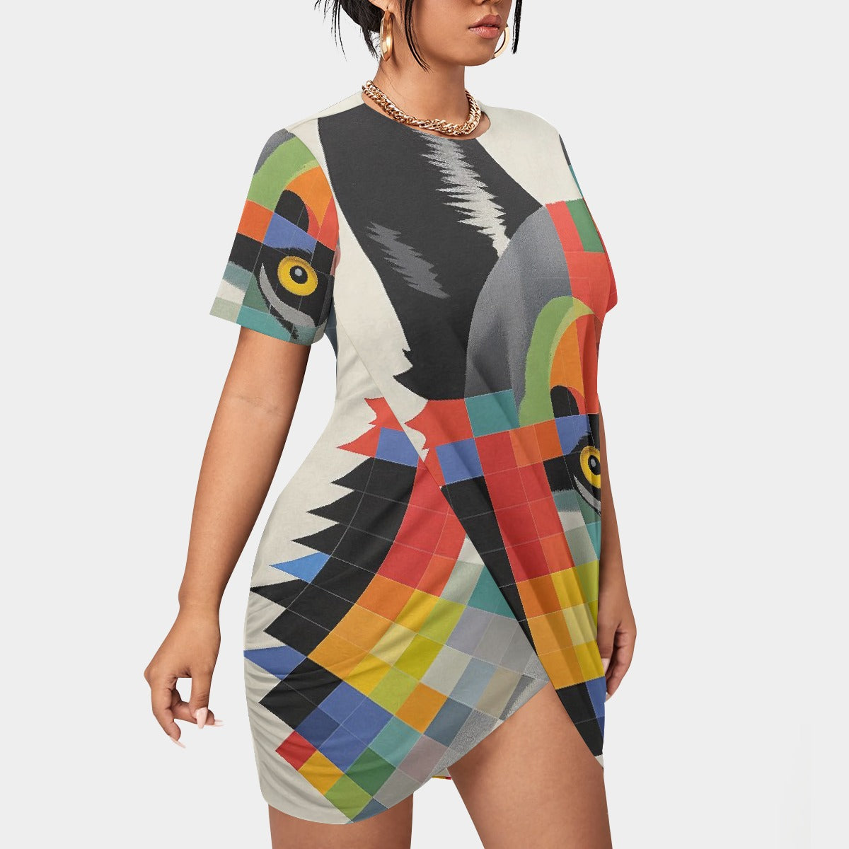 All-Over Print Women’s Stacked Hem Dress With Short Sleeve（Plus Size）