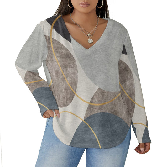 All-Over Print Women's V-neck T-shirt With Curved Hem(Plus Size)