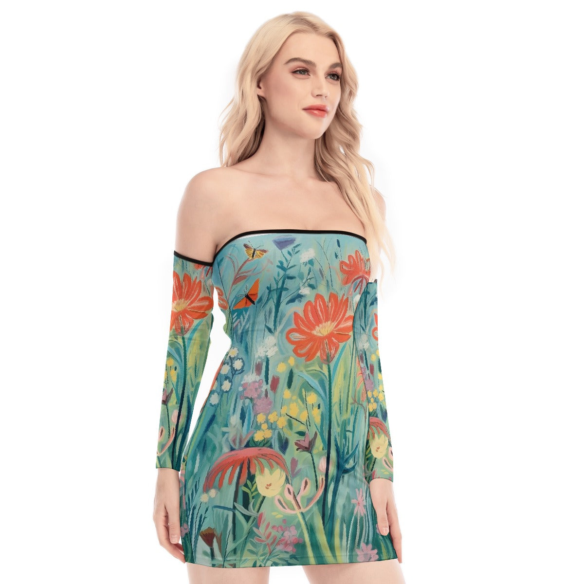 All-Over Print Women's Off-shoulder Back Lace-up Dress