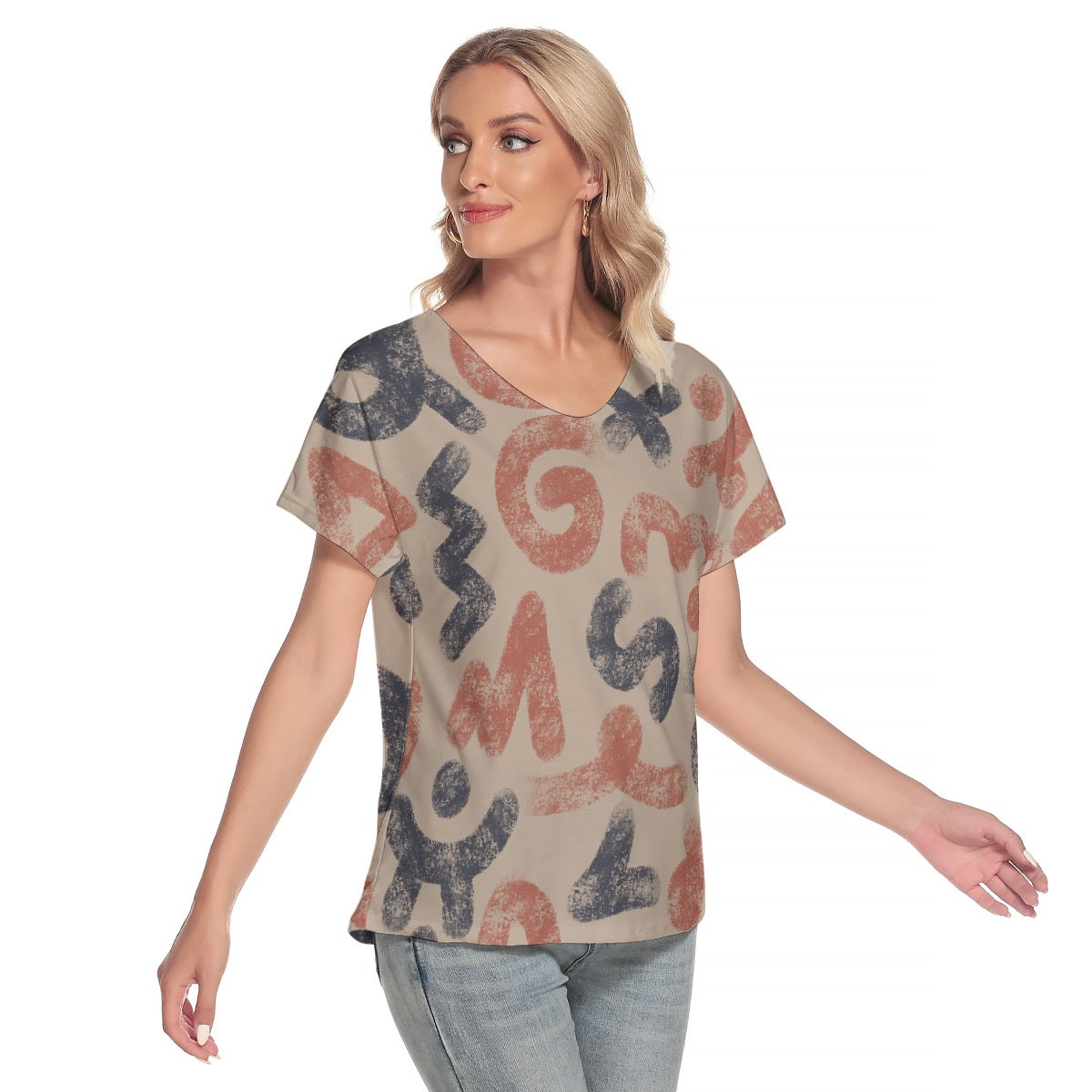 All-Over Print Women's Loose V-neck Short Sleeve T-shirt