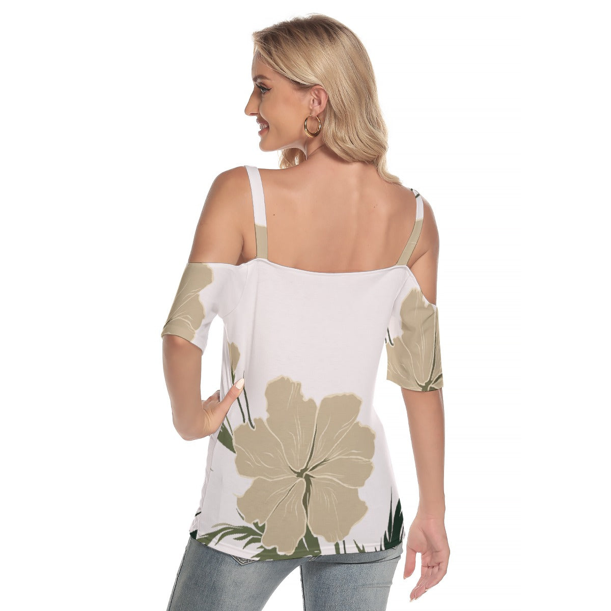 All-Over Print Women's Cold Shoulder T-shirt With Criss Cross Strips