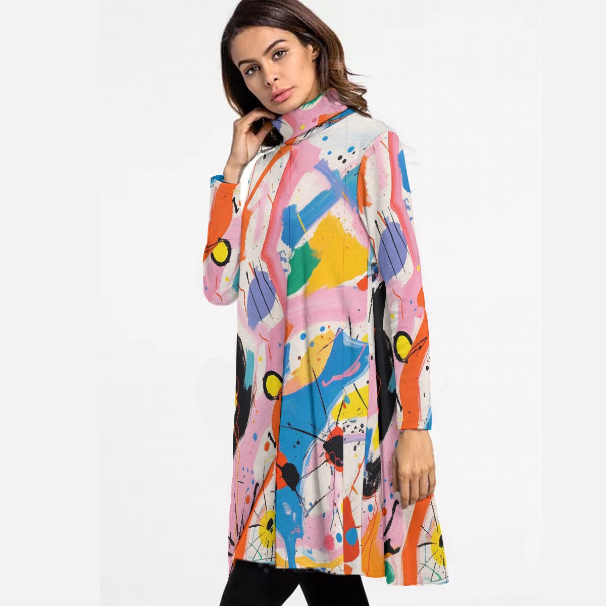 All-Over Print Women's High Neck Dress With Long Sleeve