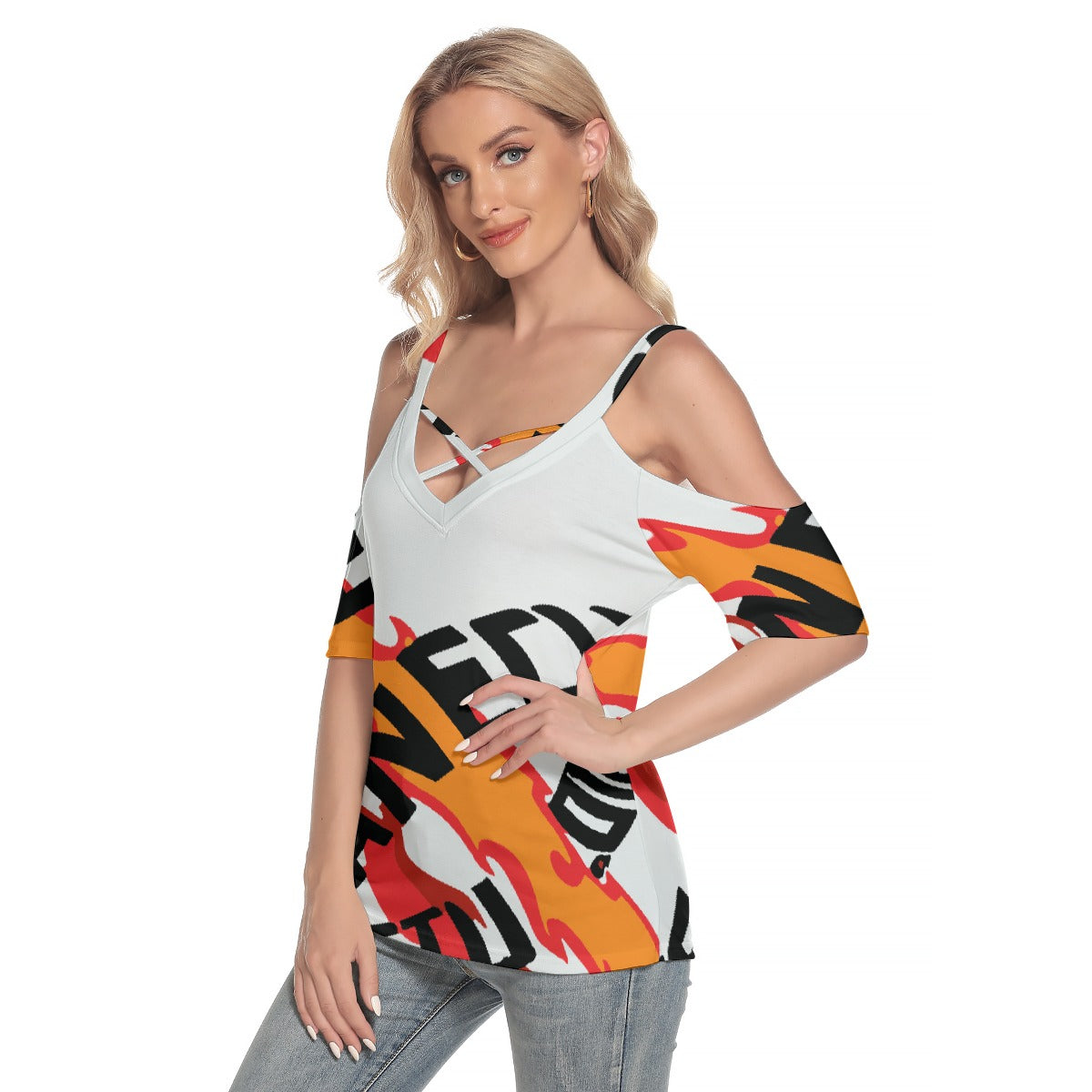 All-Over Print Women's Cold Shoulder T-shirt With Criss Cross Strips