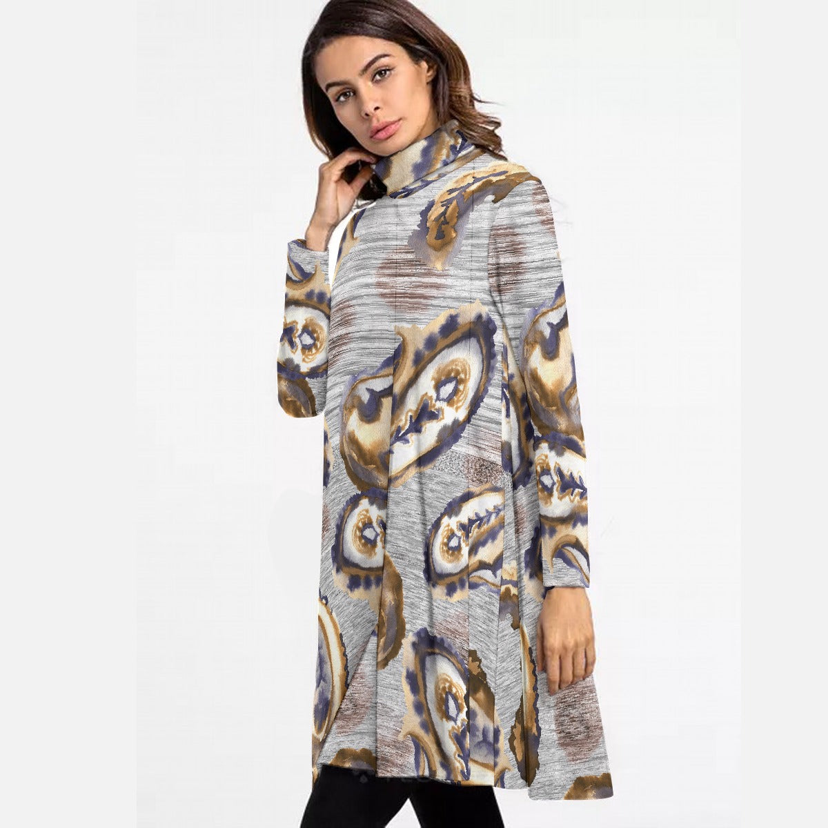 All-Over Print Women's High Neck Dress With Long Sleeve