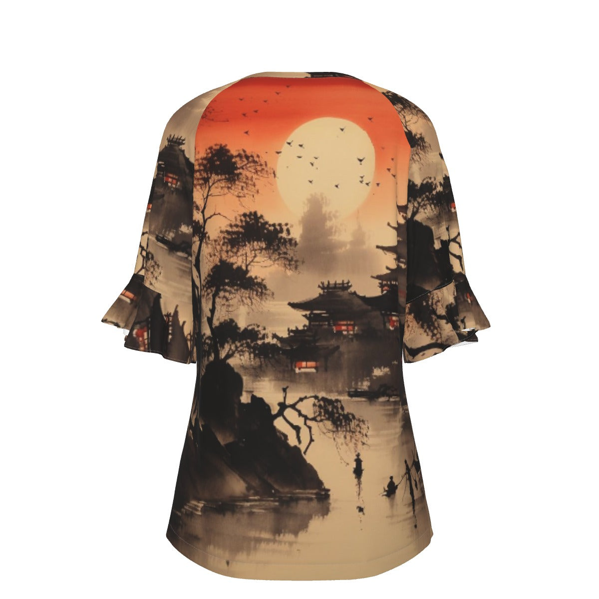 All-Over Print V-neck Women's T-shirt With Bell Sleeve