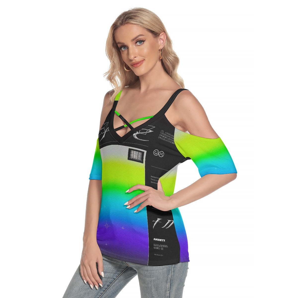 All-Over Print Women's Cold Shoulder T-shirt With Criss Cross Strips