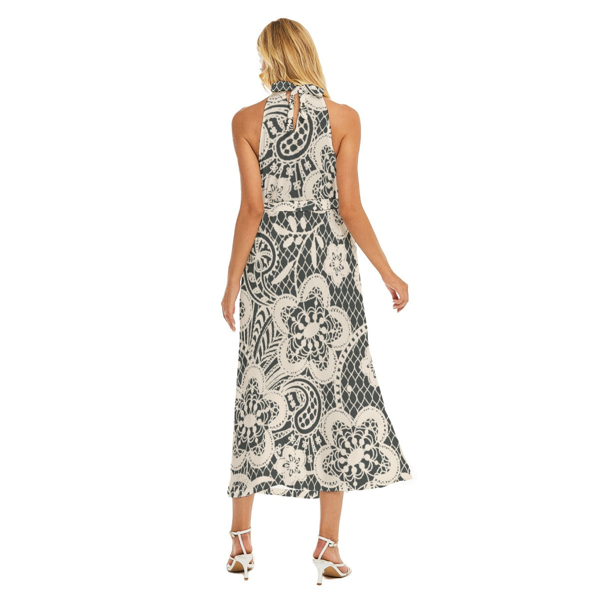 All-Over Print Women's Wrap Hem Belted Halter Dress