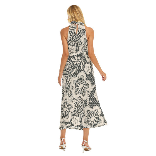 All-Over Print Women's Wrap Hem Belted Halter Dress