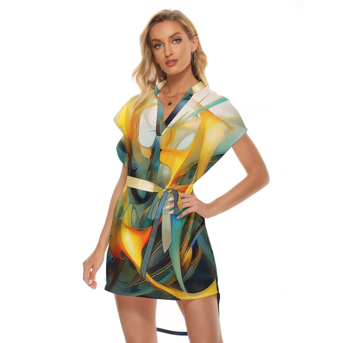 All-Over Print Women's Stand-up Collar Casual Dress With Belt