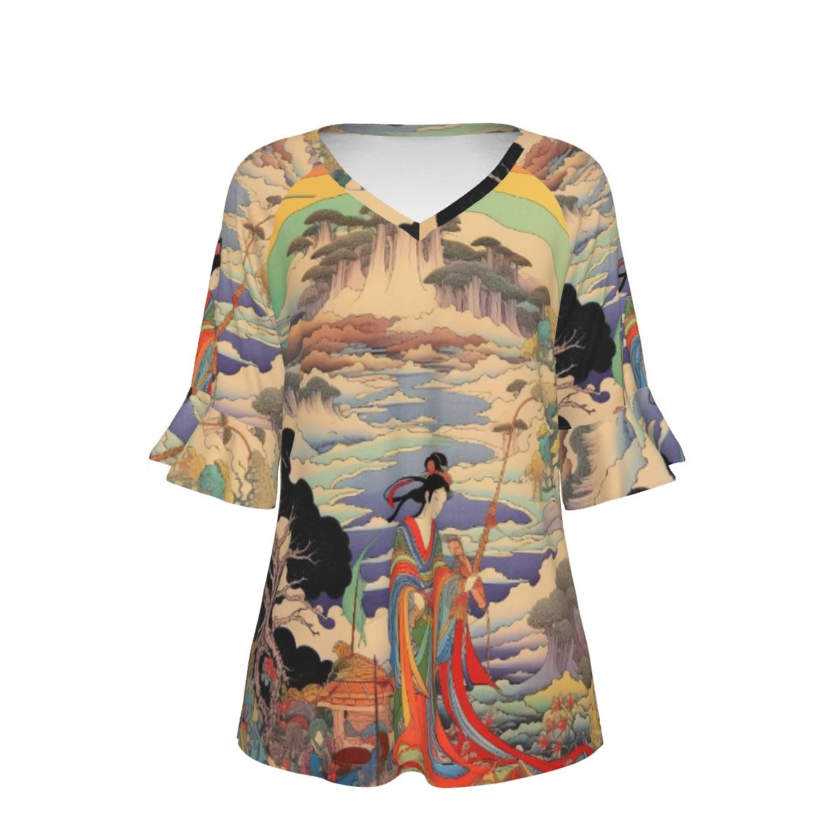 All-Over Print V-neck Women's T-shirt With Bell Sleeve