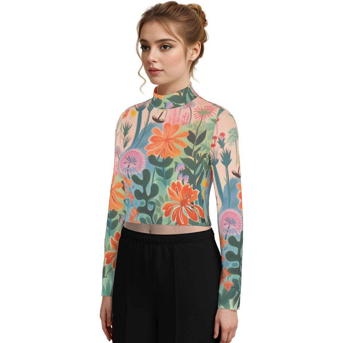 Eco-Friendly All-Over Print Women's Turtleneck T-shirt With Long Sleeve