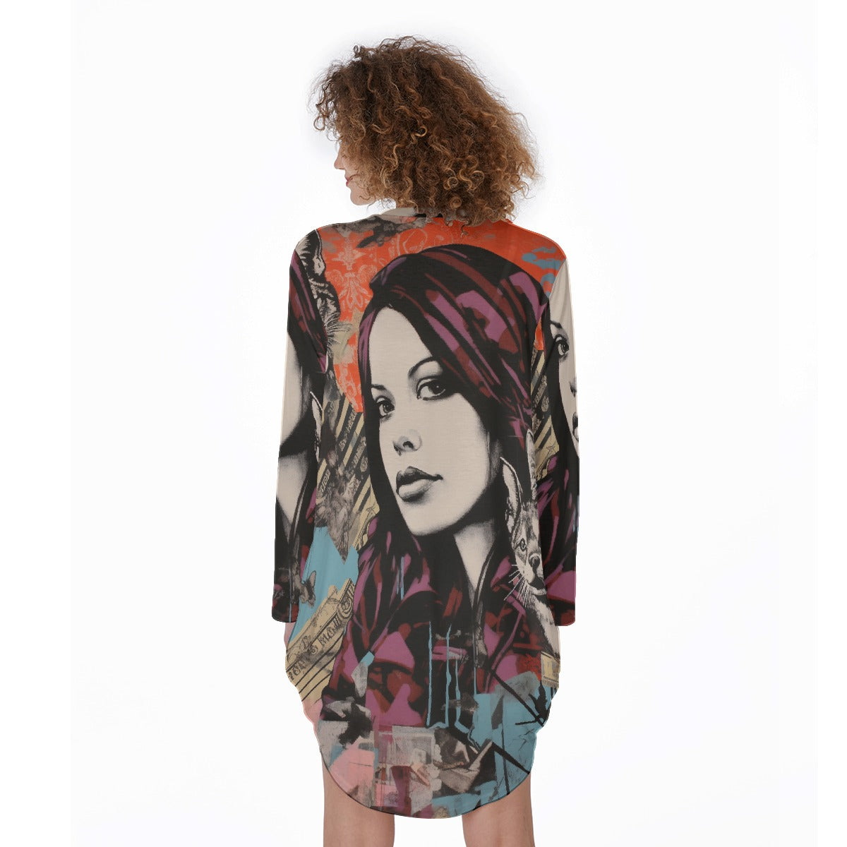 All-Over Print Women's Casual Loose Long Sleeve Dress With Pocket