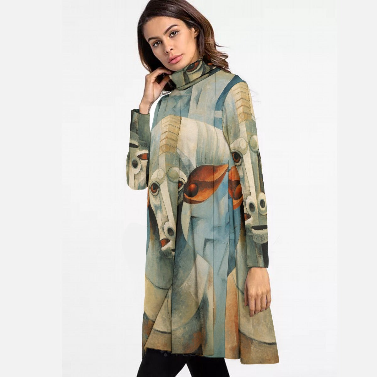 All-Over Print Women's High Neck Dress With Long Sleeve