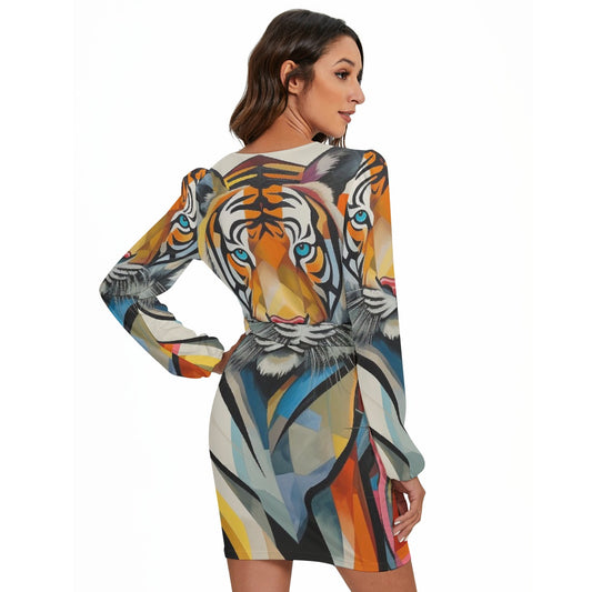 All-Over Print Women's Long Sleeve Dress With Waist Belt