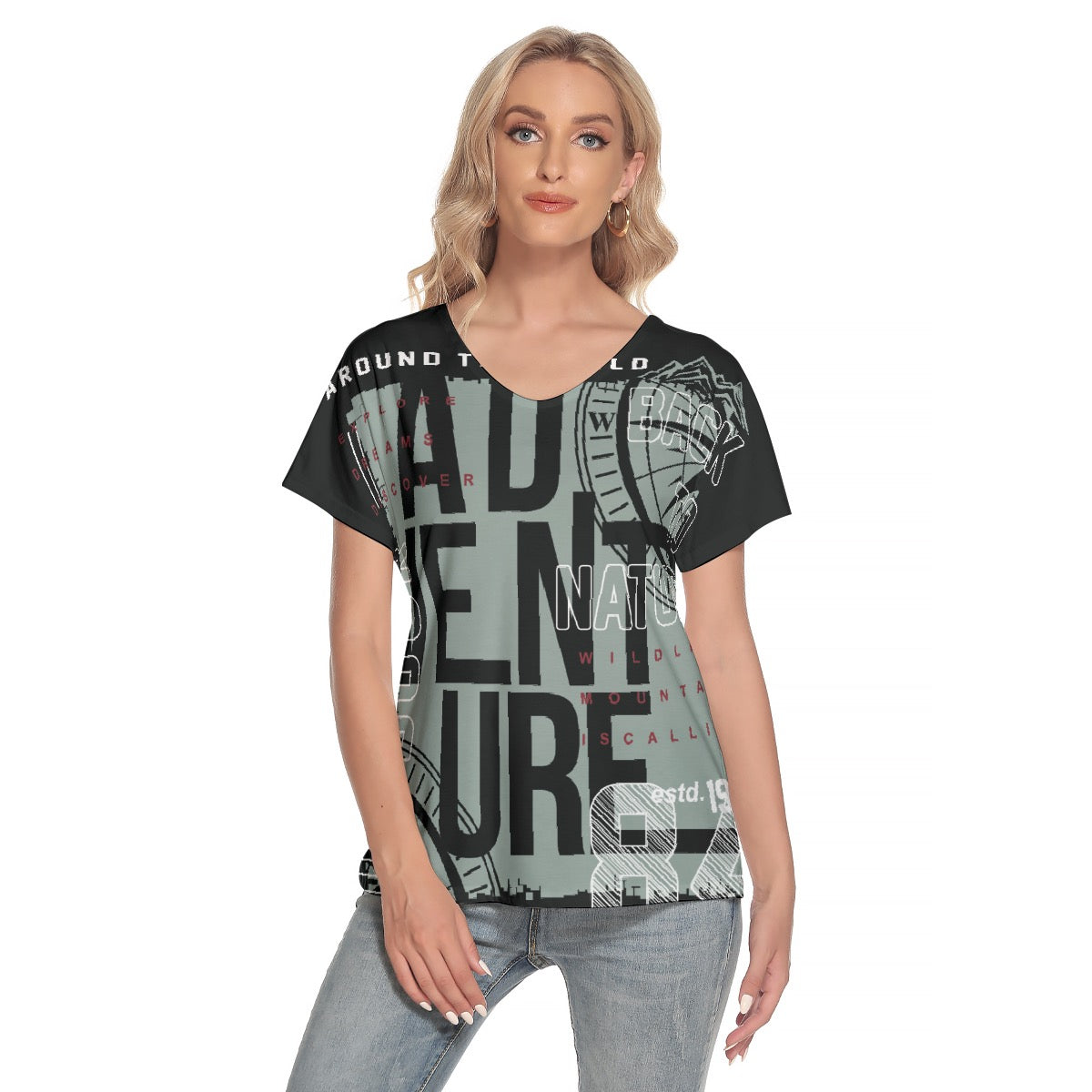 All-Over Print Women's Loose V-neck Short Sleeve T-shirt