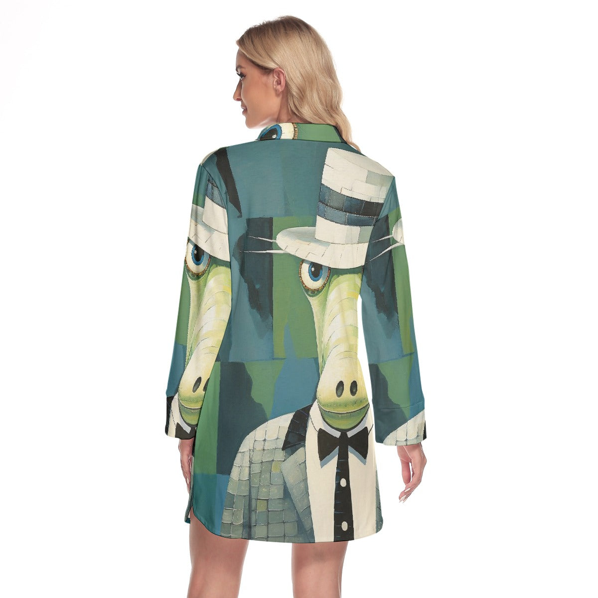 All-Over Print Women's Lapel Shirt Dress With Long Sleeve