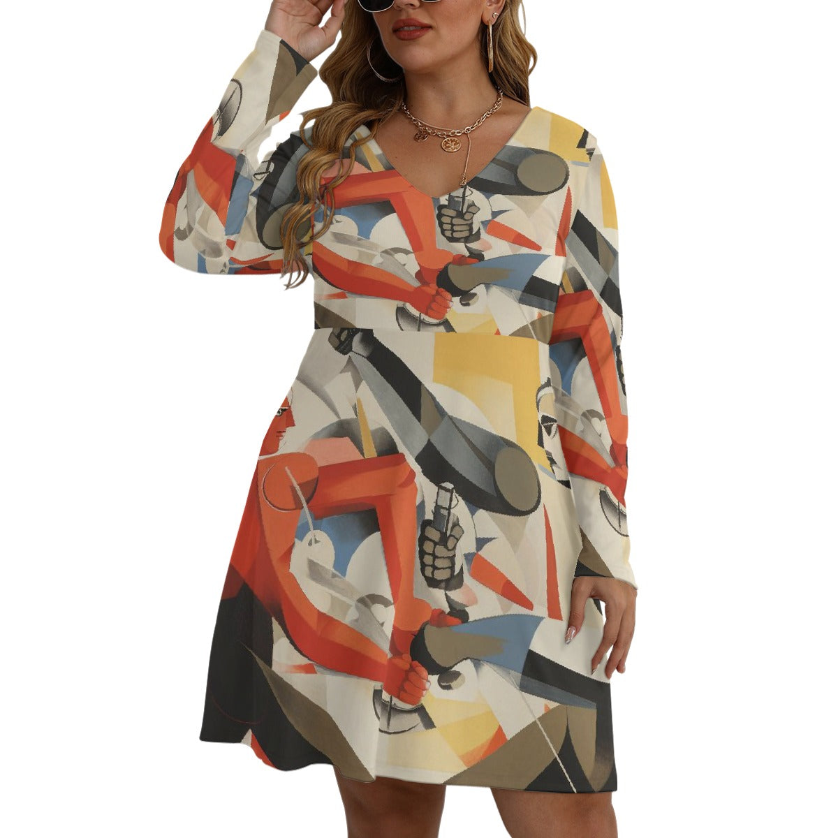 All-Over Print Women's V-neck Long Sleeve Dress(Plus Size)