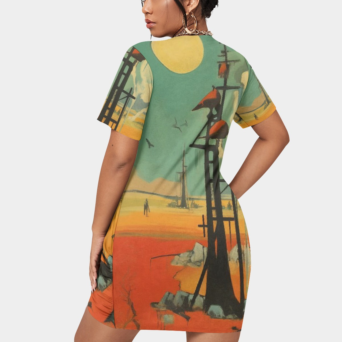 All-Over Print Women’s Stacked Hem Dress With Short Sleeve（Plus Size）