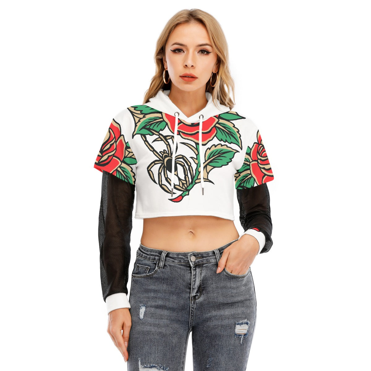 All-Over Print Women's Fake Two-piece Mesh Sleeve Cropped Hoodie