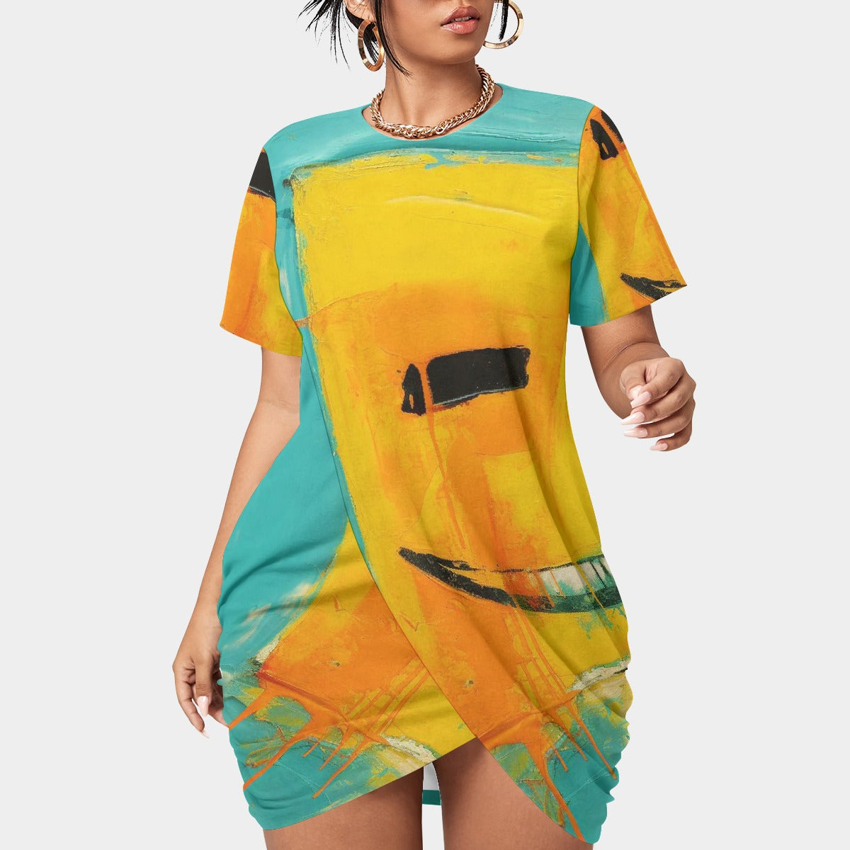 All-Over Print Women’s Stacked Hem Dress With Short Sleeve（Plus Size）