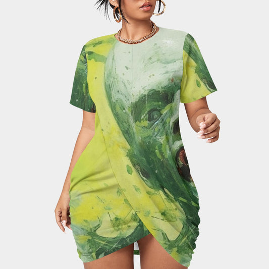 All-Over Print Women’s Stacked Hem Dress With Short Sleeve（Plus Size）