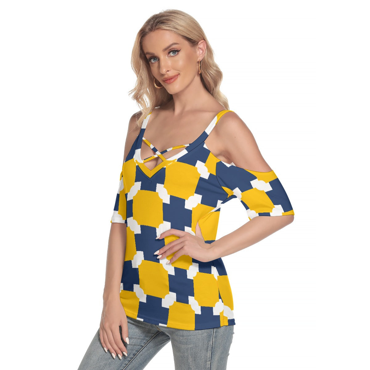 All-Over Print Women's Cold Shoulder T-shirt With Criss Cross Strips