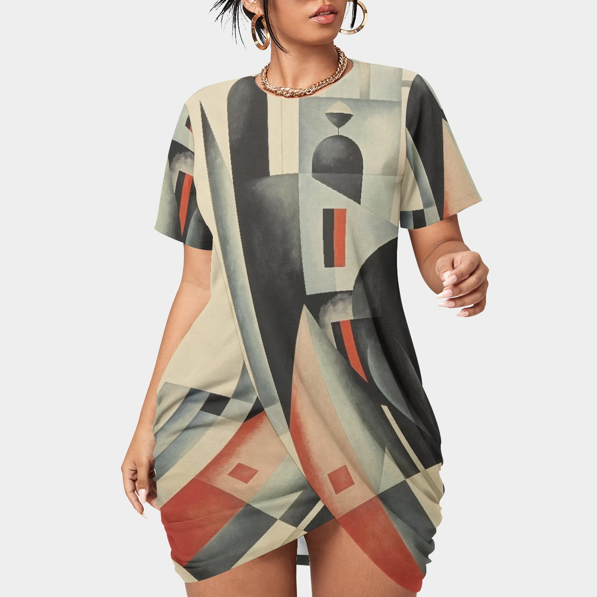 All-Over Print Women’s Stacked Hem Dress With Short Sleeve（Plus Size）