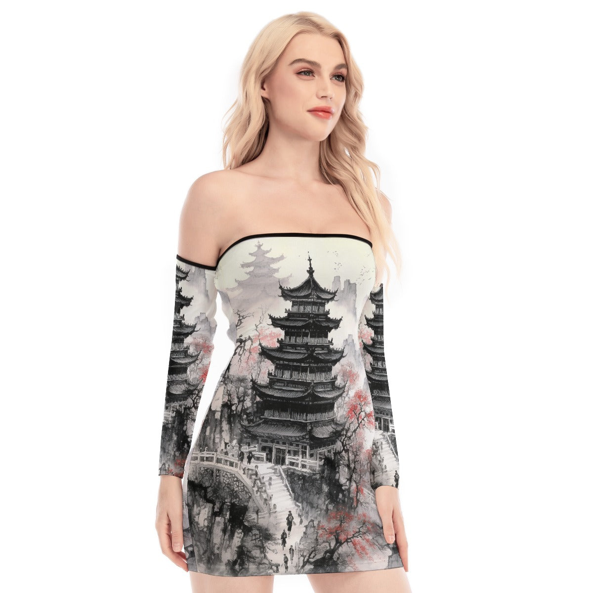 All-Over Print Women's Off-shoulder Back Lace-up Dress