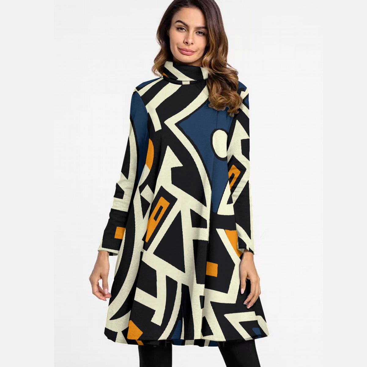 All-Over Print Women's High Neck Dress With Long Sleeve