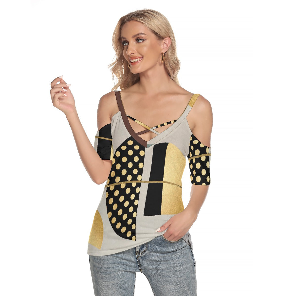 All-Over Print Women's Cold Shoulder T-shirt With Criss Cross Strips