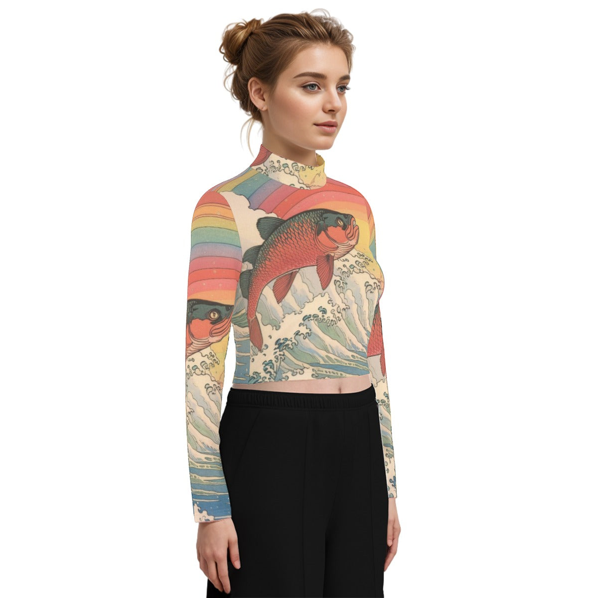 Eco-Friendly All-Over Print Women's Turtleneck T-shirt With Long Sleeve