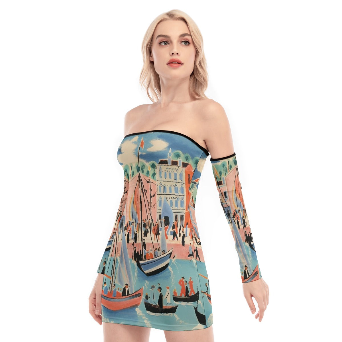 All-Over Print Women's Off-shoulder Back Lace-up Dress